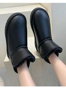 Damskie czarne, wodoodporne, skórzane, zimowe buty śnieżne z termiczną podszewką, miękką podeszwą, modne krótkie buty, antypoślizgowe i wygodne, futrzane buty