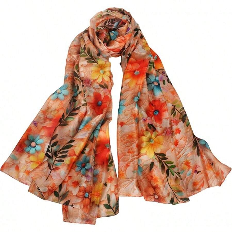 100% Mulberry Silk Scarf For Women Lightweight Long Scarves Beach Wraps Cover Up -Travel Photography Scarfhalloween - 水仙橙色背景顏色 - 查看 1