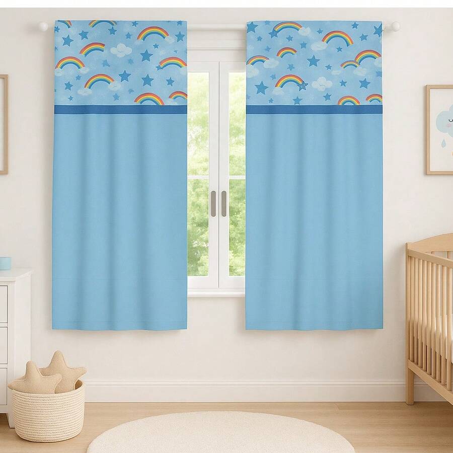Printed Curtain For Baby's Room, Boy's Girl's Room - Blue Rainbow - View 1