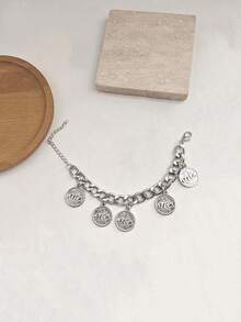 (Non-Metallic) 1pc Women's Chunky Chain Bracelet With Vintage Metal Coin Charms, Geometric Accessories Bracelet (Hand-Made, Length Customized, Random Charm Placement) - Yellow Gold - View 6