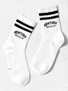 1雙兒童雙橫條紋時尚字母運動中筒襪,日常休閒百搭