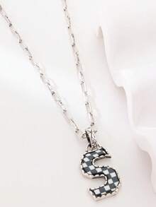 1pc Western Country Style Vintage Textured CCB Multicolor Leopard Print Black & White Plaid 26 Letter Minimalist Pendant Necklace, Sweater Chain