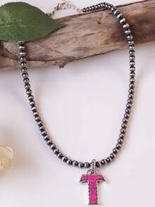 1pc Western Country Style Vintage Textured CCB Multicolor Leopard Print Black & White Plaid 26 Letter Minimalist Pendant Necklace, Sweater Chain