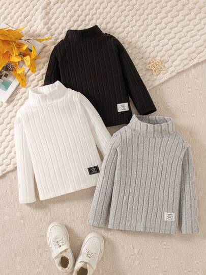 Set de 3 camisetas de manga larga de cuello alto de unicolor casuales para niño, moda para primavera y otoño