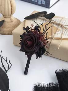 1 peça de boutonnière vintage preto e vermelho para homem, perfeita para casamentos românticos em tons escuros, corsage de flores artificiais pretas para casamento gótico, corsage elegante para casamento em tons escuros, baile de formatura, cerimônia de boas-vindas, aniversário, jantar, acessórios vintage para casamento no outono e Dia dos Namorados.