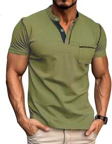Henley Shirts Slim Fit Button T-Shirthalloween - 豆綠 - 查看 1