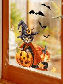 1 Piece Halloween Themed Pumpkin, Cat, Maple Leaf, Bat, Wizard Hat Glass Stickers Wall Stickers Bedroom Living Room Window Decoration