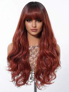 Wigs For Women Daily Cosplay Party Natural Heat Resistant Ombre Red Brown Long Wavy Synthetic Wigs With Bangs Copper Orange Hair Wigs For Women Wig For Daily Party Use For Women Daily Party Cosplay,Vacation Travel Family Party Everyday Wear,Gifts For Girlfriends,Beauty Christmas Gifts - 漸層紅色 - 查看 3