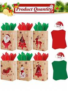 12Pcs Christmas Gift Bags With Handles,Reusable Christmas Gift Bags,Santa Claus Snowman Bells Christmas Tree Pattern Kraft Paper Bags,Party Favor Bags