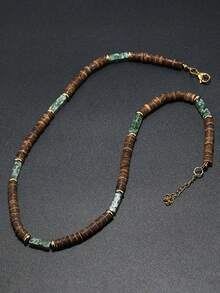 Bohemian Men Necklace Natural Coconut Bead Collar Emperador Stone Short Beach Accessories Gift For Him Wood Jewelry - Mint Green - View 10