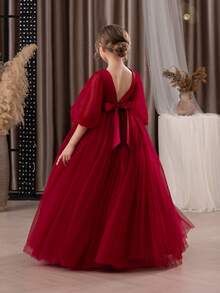 Tween Girl Burgundy Lace Embroidered Bow Mesh Elegant Party Princess Dress, Suitable For Girls' Birthday Party, Banquet, Formal Occasion, Prom, Wedding, Flower Girl