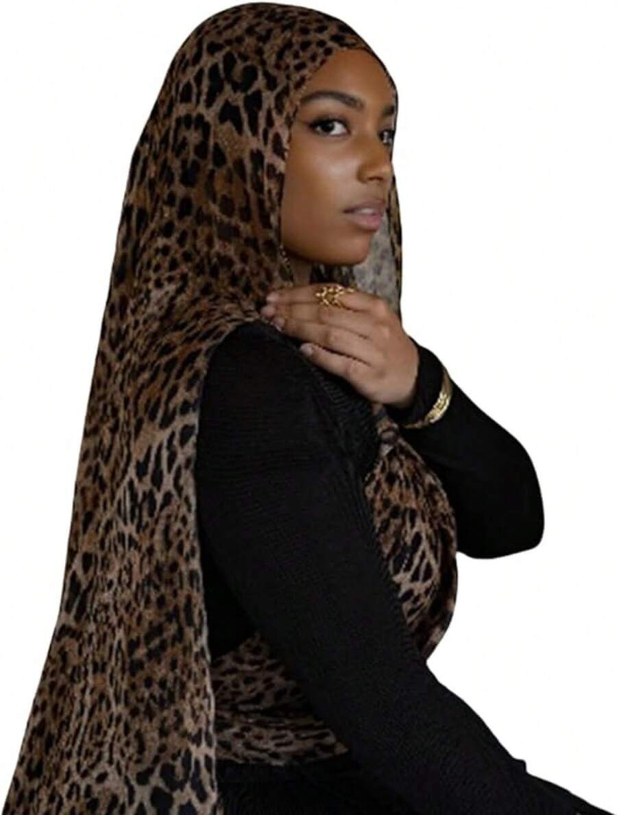 ZGMYC Watercolour Floral Printed Hijab Scarf For Women Soft Modal Cotton Instant Hijab Head Wraps Shawls Long Scarveshalloween - 棕色豹紋 - 查看 1