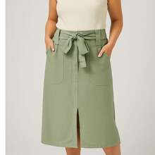 Saia Midi Linho Elegante Com Cinto Fenda Frontal Bolso Alta Tendencia QUEIMA ESTOQUE