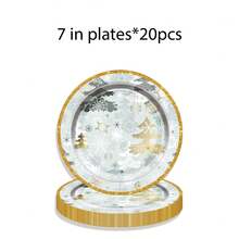 圣诞绿色圣诞树和雪花圣诞主题派对餐具套装，包括 9 英寸、7 英寸纸盘、甜点盘、纸杯 - 彩色 - 查看 9