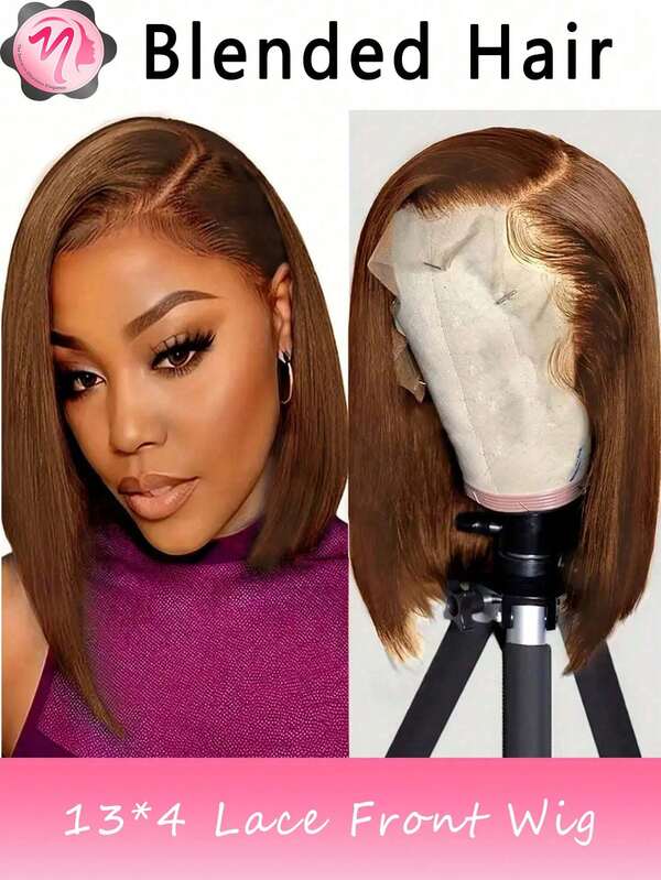 Pelucas mezcladas: una mezcla de cabello humano mezclado y peluca de cabello sintético corto tipo bob con cabello humano mezclado, 13x4 encaje frontal - 180% de densidad, aspecto natural recto, para mujeres, pieza de cabello transpirable y duradera para todas las etnias, peluca de cabello corto, pieza de cabello versátil de cabello mezclado (pelucas bob de 6-16 pulgadas) cabello mezclado