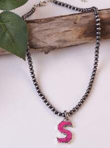 1pc Western Country Style Vintage Textured CCB Multicolor Leopard Print Black & White Plaid 26 Letter Minimalist Pendant Necklace, Sweater Chain