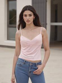 Women Y2k Spaghetti Strap Camisole Crop Tank Top Cami Tops Floral Print Sleeveless V Neck Solid Color Slim Fit Backless Vest Going Out Tops Clubwear Streetwear Summer Outfit Aesthetic Clothes - 粉色 - 查看 2
