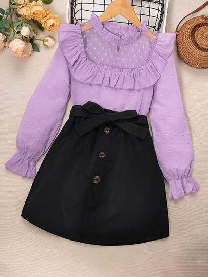 Conjunto de 2 piezas de ropa para niñas pequeñas, manga larga con volantes, encaje de nailon, falda sólida.