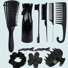 11件套男女通用美发梳套装，包含蓬松梳、边缘梳和后梳梳理梳，以及带喷雾瓶的卷发梳套装，方便梳理打结的头发。此外，还包含头皮按摩洗发梳、高级宽齿梳、花朵发夹、造型梳套装、梳子、梳齿梳、梳子、后梳、边缘梳、梳齿梳、梳子、理发师、美发设备、美发、梳子、梳子套装、梳子、卷发梳、梳齿梳、女士梳子、理发店、美发设备 - 彩色 - 查看 6