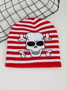1pc Women's Jacquard Striped Skull Pattern Knit Beanie Hat, Warm & Casual For Halloween Party