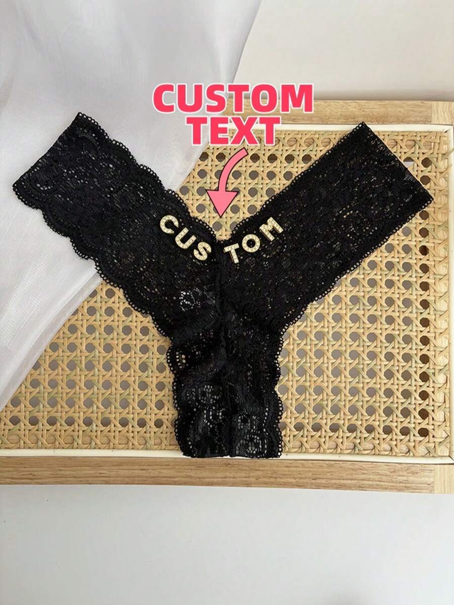 Custom Crystal Letter Name Text Special Date Sexy Lace G-String Thong Breathable Personalized Gift For Wife Valentine's Day Anniversary Holiday