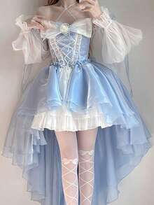 Blue Lolita Dress Design, Short In Front And Long In Back, Bride, Heavy Industry, Big Ribbon, Princess With Tail - Màu xanh (có tay áo và hoa) - Xem 2