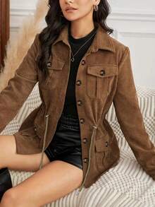 Women's Solid Color Long Sleeve Drawstring Waist Cargo Pocket Casual Jacket - Brown - View 3