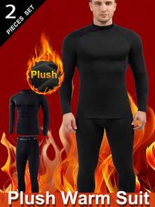 男士保暖内衣套装，加厚保暖内层上衣和裤子，纯色长袖圆领衬衫和裤子，适合寒冷天气、户外活动、滑雪等。