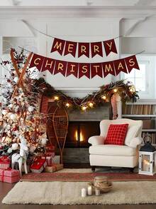 1pc Merry Christmas Pull Banner - Retro Xmas Flag For Fireplace Decor, Tree Backdrop & Holiday Party Styling Hanging Decoration - Multicolor - View 5