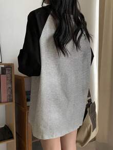 女士纯棉字母印花撞色插肩袖百搭叠穿长袖宽松休闲街头通勤T恤