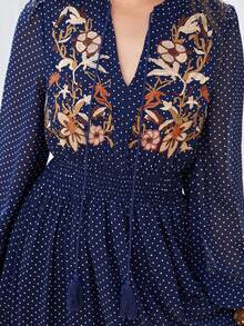 Rusttydustty 波西米亚风黑色雪纺圆点刺绣V领优雅女士长裙海滩度假音乐节 - 深藍色 - 查看 7