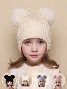 1 chiếc mũ len beanie trẻ em mùa đông, màu trơn, đan len, 2 quả bông, mũ len cho bé unisex, mũ trùm đầu dày ấm mặc hàng ngày - 1PC - Xem 2