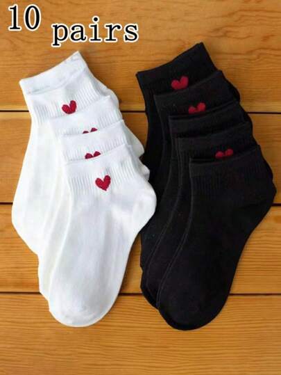 10 pares/20 pares de meias femininas/casais com estampa de coração fofas e versáteis, meias invisíveis, adequadas para uso diário, festivais e atividades ao ar livre