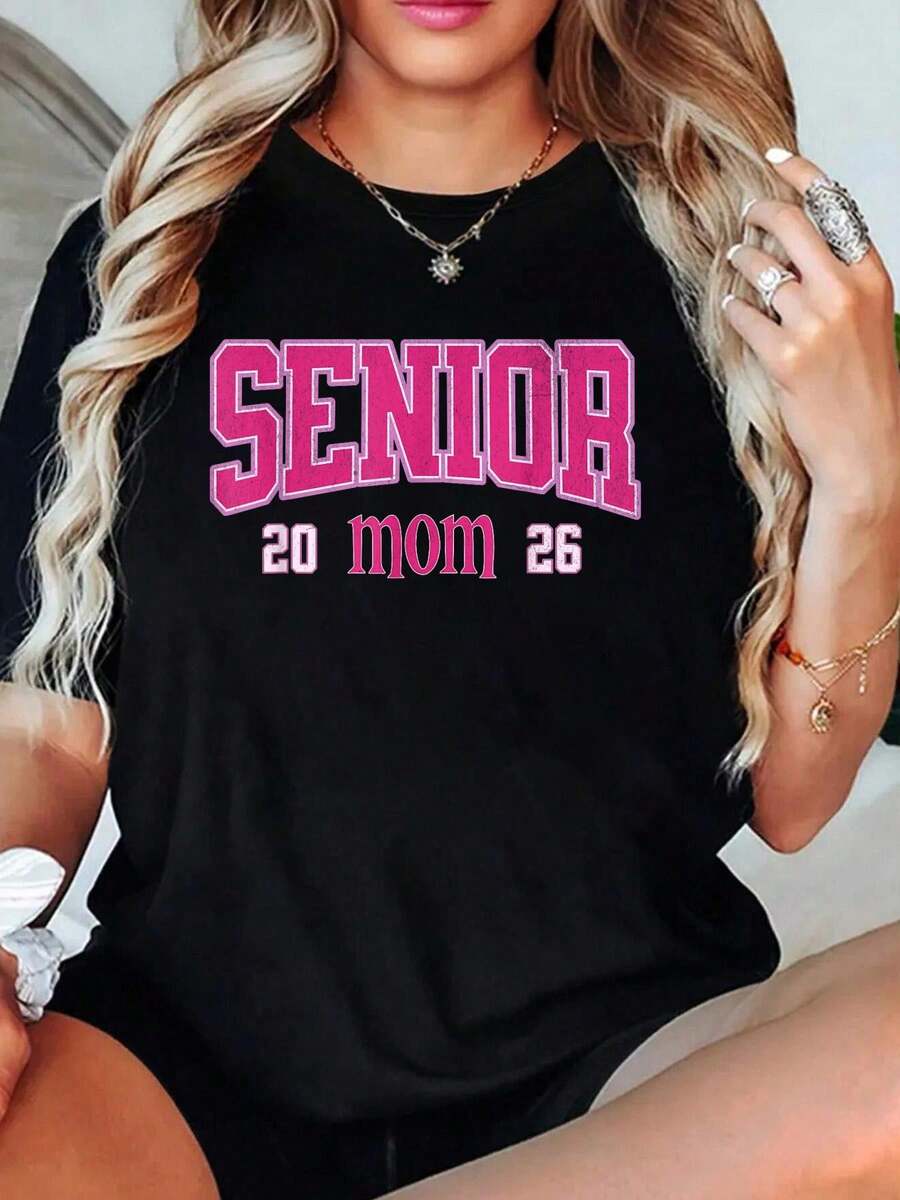 100% Cotton Senior Mom 2026 Class Of 2026 Graduation T-Shirt Outfits For Women - 黑色 - 查看 1