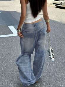 Vintage Washed Blue-Gray Straight Leg Jeans, American Design Loose Casual Wide Leg Dragging Pants For Women Chic Winter Christmas New Year Thanksgiving