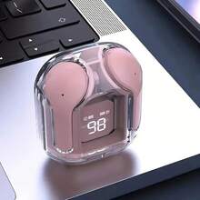 Auriculares inalámbricos TWS cabina espacial - sonido cristalino, diseño transparente con pantalla digital LED, espera ultra larga, control de volumen táctil, micrófono de condensador y batería de polímero de litio recargable para música y llamadas con manos libres, conectividad inalámbrica de moda transparente, compatible universalmente con todos los teléfonos inteligentes, disfruta de un sonido nítido y distinto con estilo - Rosa - Ver 4