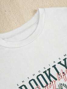 Camiseta de manga corta casual de ajuste ceñido para mujer, con estampado de letras, camiseta de verano de moda-lilys-lilys URXY - Blanco - Ver 7