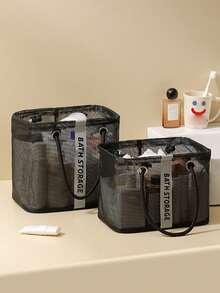 1 pieza Organizador de artículos de tocador portátil para viajes, cesta de malla de gran capacidad con drenaje, bolsa de ducha plegable para gimnasio, cesta de ducha para baño, adecuada para dormitorios de estudiantes, conveniente para viajes, diseño con drenaje en la parte inferior - Negro - Ver 6