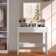 OYAJIA White Modern LED Vanity Table With LED Dimmable Mirror | Large Rectangular Mirror Dressing Table With Soft Lighting, 2 Spacious Drawers & 3 Open Compartments | UK Home Decor, Makeup Organizer, Bedroom Furniture - White - View 2