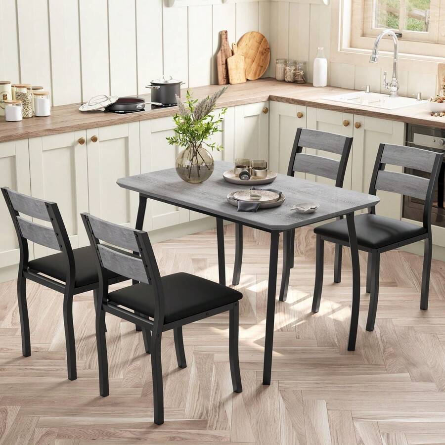 5 Piece Dining Table Set For 4, Space-Saving Kitchen Table With Upholstered Chairs, Modern Angled Corner Design, Compact Dinner Set For Small Spaces, Apartment, Dining Room - 灰色 - 查看 1