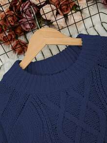 大码宽松休闲圆领长袖针织毛衣 - 寶藍色 - 查看 5