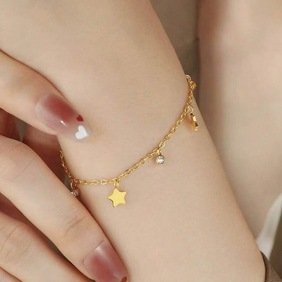 Korean Style Simple Star Moon Bracelet Women's 18K Stainless Steel Jewelry Versatile Personality Non-Fading Bracelet - Vàng - Xem 1