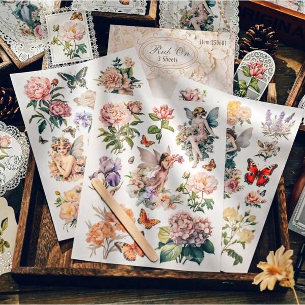 3PCS Fairy And Floral Rub On Stickers With Butterflies And Garden Elements For Journaling, Scrapbooking, And DIY Crafts