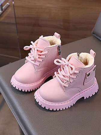 1 Pair Girls' Fashion PU Lace-Up Side Zipper Waterproof Anti-Slip Comfortable Dry Motorcycle Warm Boots, Suitable For Winter