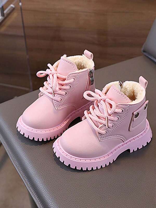 1 Pair Girls' Fashion PU Lace-Up Side Zipper Waterproof Anti-Slip Comfortable Dry Motorcycle Warm Boots, Suitable For Winter