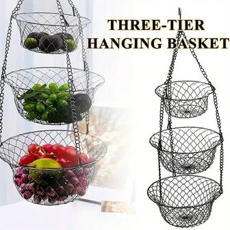 3-Tier Foldable Hanging Basket, Fruit, Vegetable Storage Organizer, Flower Basket, Suitable For Kitchen, Living Room And Bathroom Decor, Abundant Storage Solution