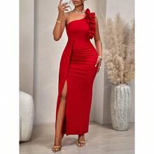 2024 Autumn & Winter Women's Solid Color Asymmetrical Shoulder Ruffle Trim Ruched Design Sleeveless Elegant Charm Slit Dress For Party ,Dating, Single Party, Formal Dinner Or Gala Event,Valentines Day