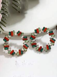 1 对时尚夸张圆形水晶镶嵌复古风格大圈耳环，适合日常佩戴 - 紅綠 - 查看 3