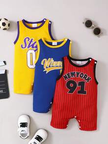 3 Pieces Set Casual Street Sports Style Mesh Cuff Ribbed Crew Neck Sleeveless Vest Romper Sports Outfit - Multicolor - View 3