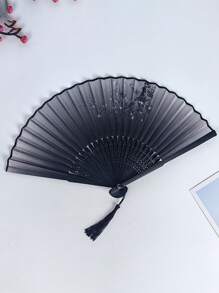 1 件古董折叠竹扇，中式折叠扇，舞蹈扇饰有黑色蝴蝶流苏花卉图案，传统舞蹈扇，手工扇优雅